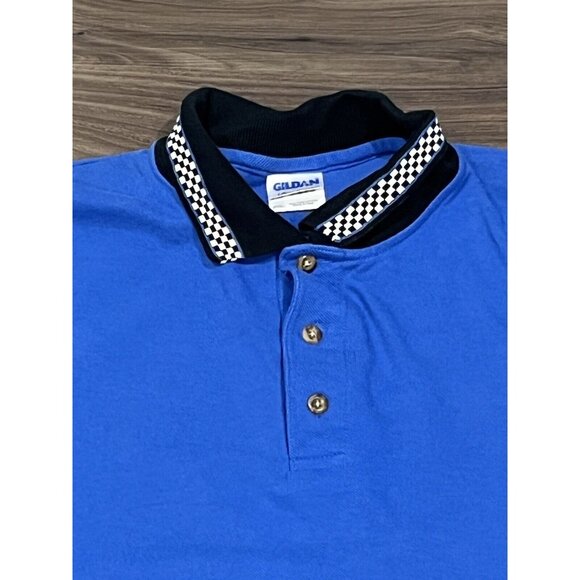 Vintage Gildan Blue Polo Shirt Black White Checkerboard Trim Size 2XL - Picture 2 of 16